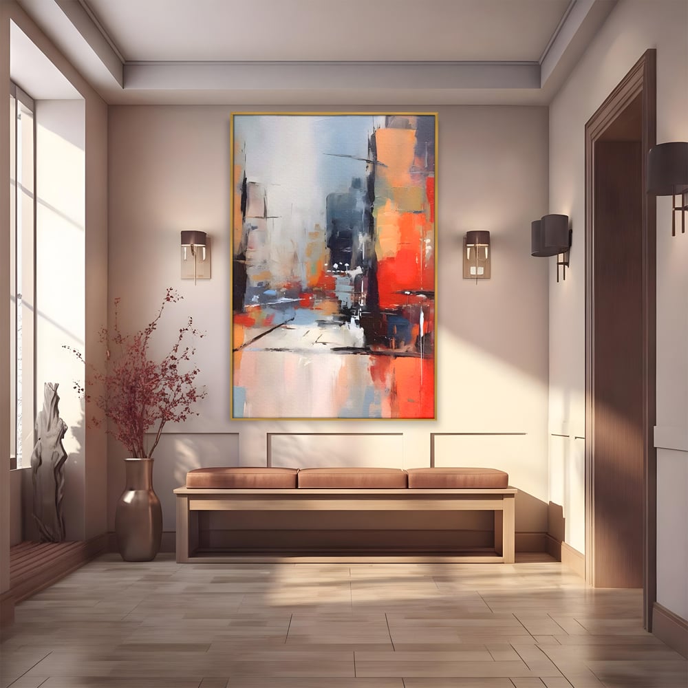 Tablou canvas cu pictura abstracta cu oras si cladiri, in rama de aluminiu auriu