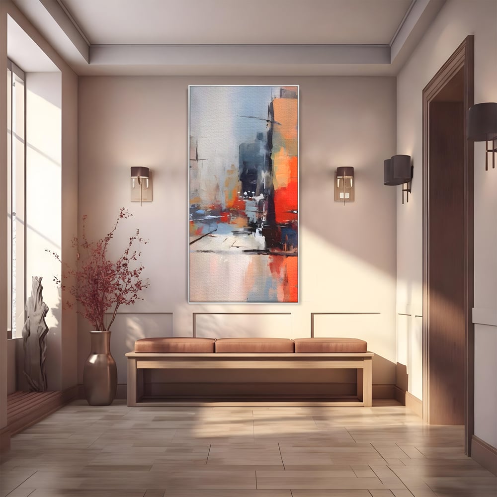 Tablou canvas cu pictura abstracta cu oras si cladiri, in rama de aluminiu argintiu