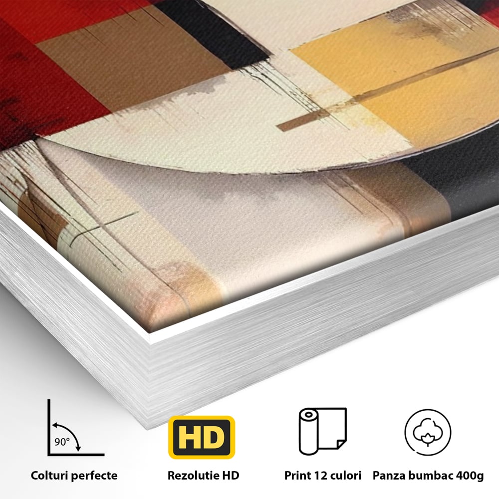 Detaliu al suprafetei: pictura abstracta cu forme geometrice, in rama de aluminiu argintiu