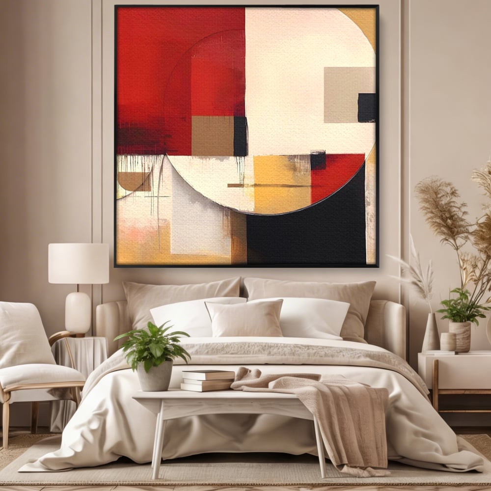 Tablou canvas cu pictura abstracta cu forme geometrice, in rama de aluminiu negru, pe perete intr-un dormitor