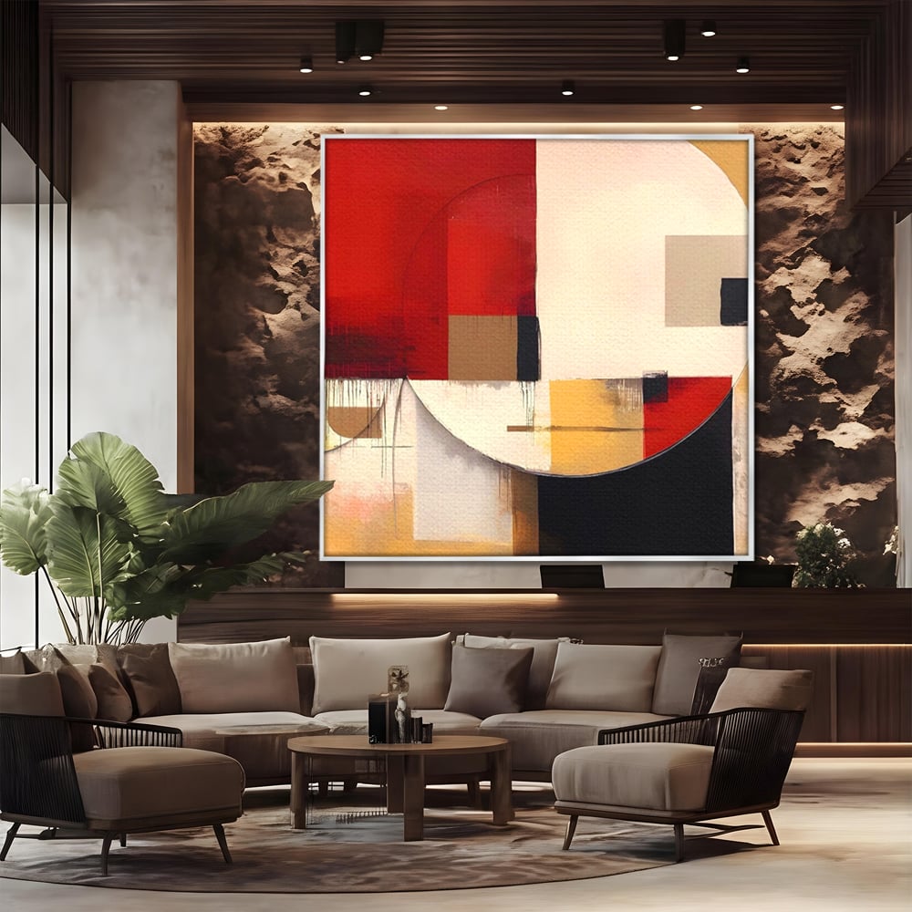 Tablou canvas cu pictura abstracta cu forme geometrice, in rama de aluminiu argintiu, pe perete intr-un birou