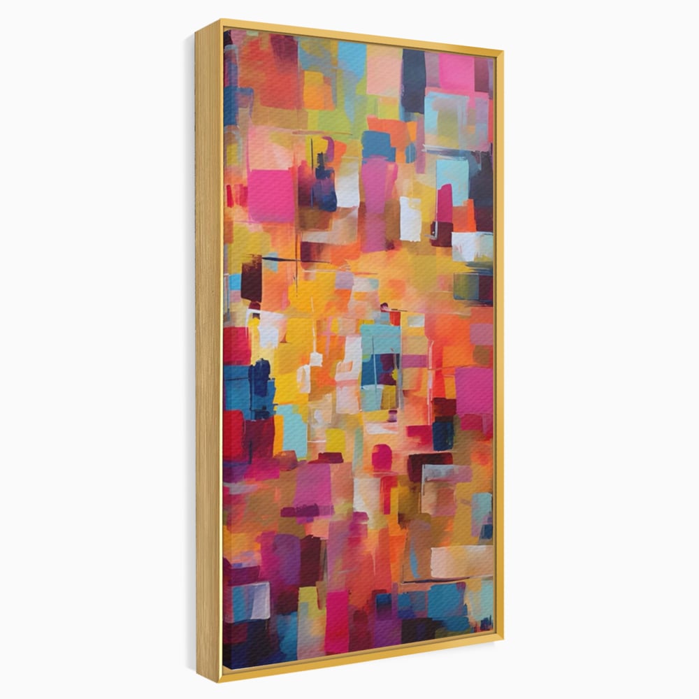 Tablou canvas cu pictura abstracta cu blocuri de culoare, in rama de aluminiu auriu