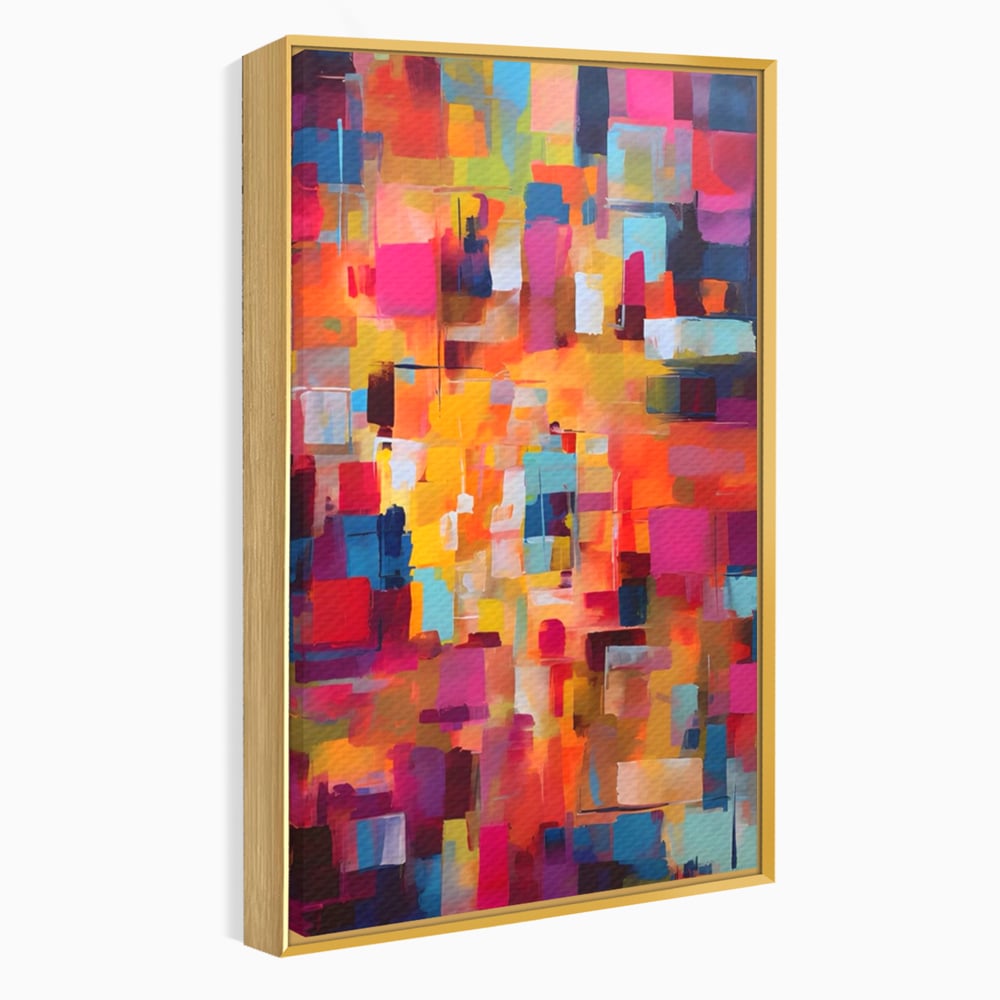 Tablou canvas cu pictura abstracta cu blocuri de culoare, in rama de aluminiu auriu
