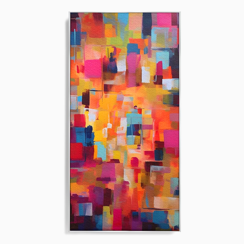 Tablou canvas cu pictura abstracta cu blocuri de culoare, in rama de aluminiu argintiu