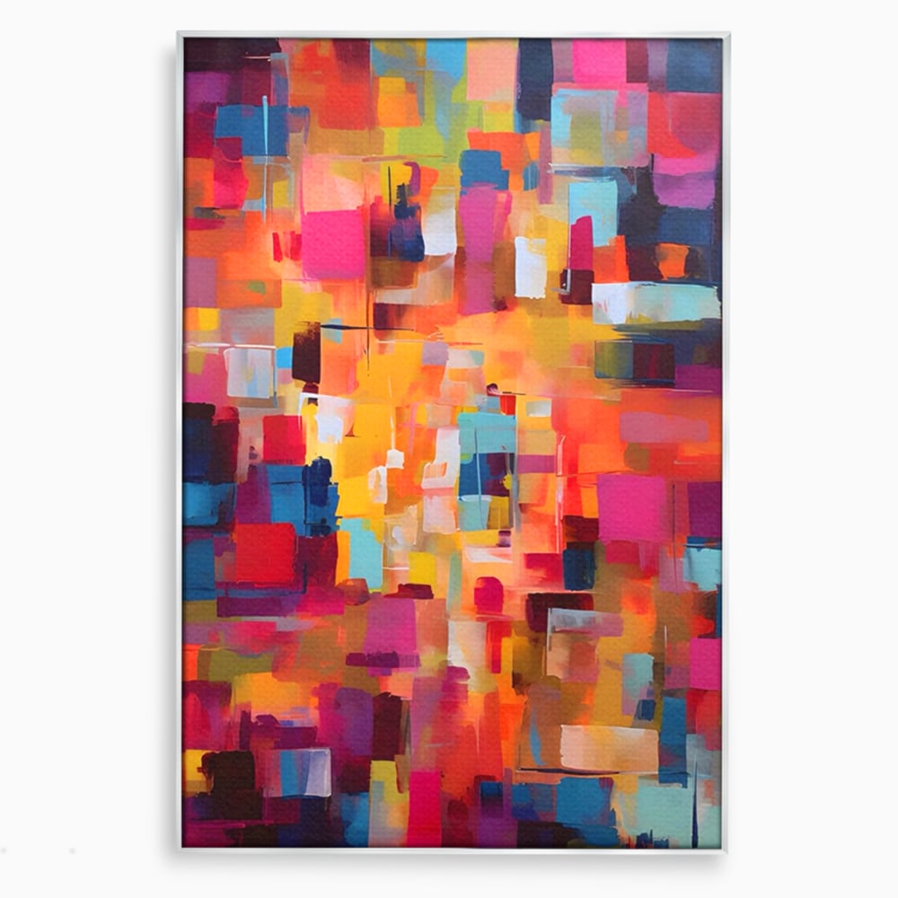Tablou canvas cu pictura abstracta cu blocuri de culoare, in rama de aluminiu argintiu
