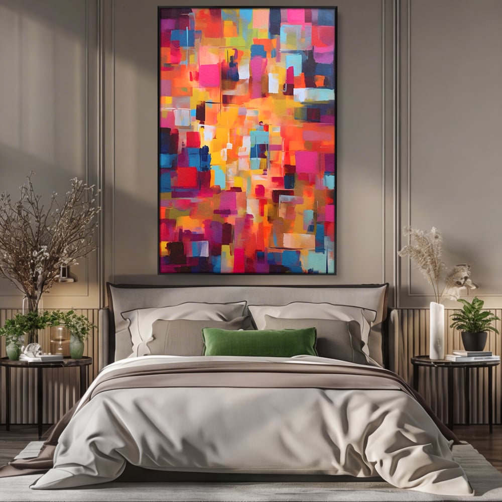 Tablou canvas cu pictura abstracta cu blocuri de culoare, in rama de aluminiu negru, pe perete intr-un dormitor