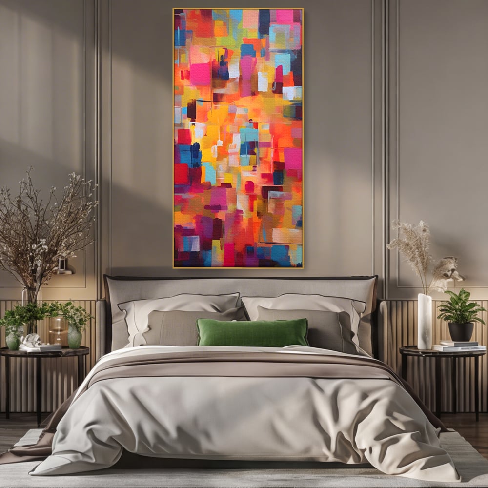 Tablou canvas cu pictura abstracta cu blocuri de culoare, in rama de aluminiu auriu, pe perete intr-un dormitor