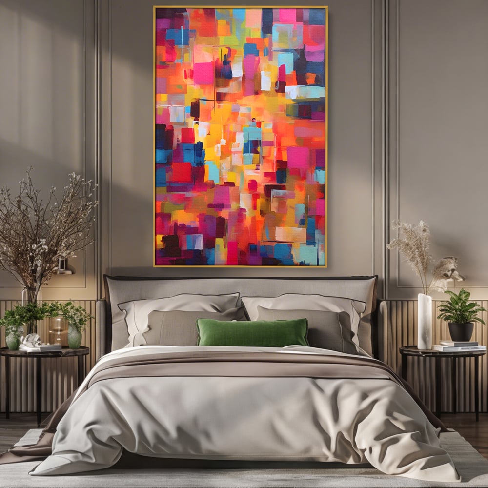 Tablou canvas cu pictura abstracta cu blocuri de culoare, in rama de aluminiu auriu, pe perete intr-un dormitor