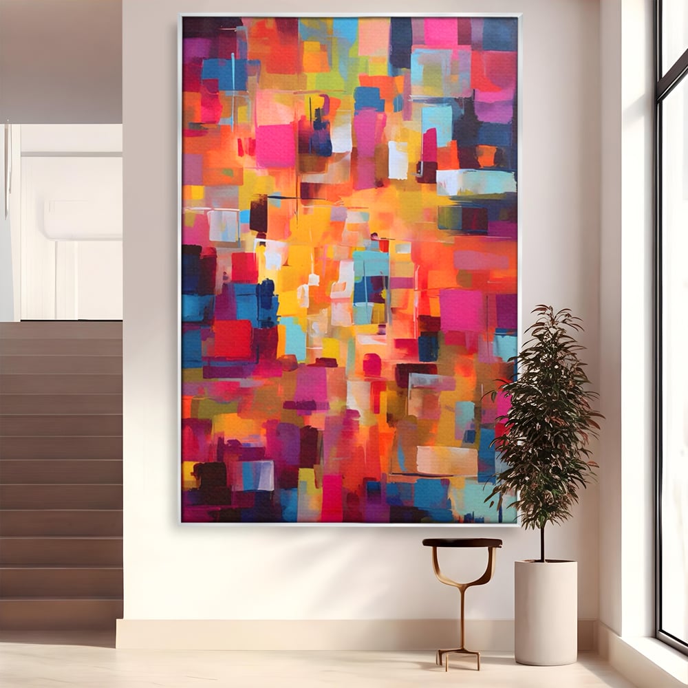 Tablou canvas cu pictura abstracta cu blocuri de culoare, in rama de aluminiu argintiu