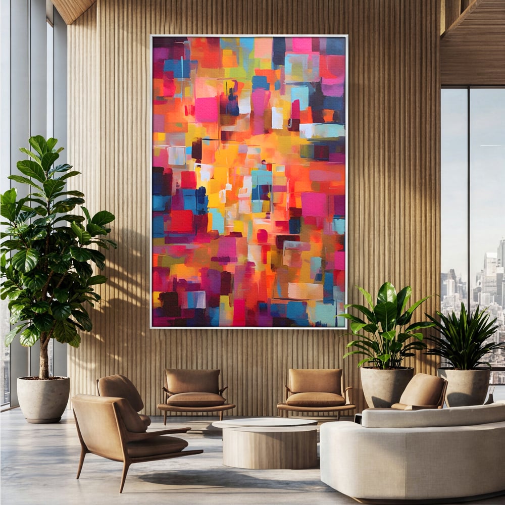 Tablou canvas cu pictura abstracta cu blocuri de culoare, in rama de aluminiu argintiu, pe perete intr-un birou