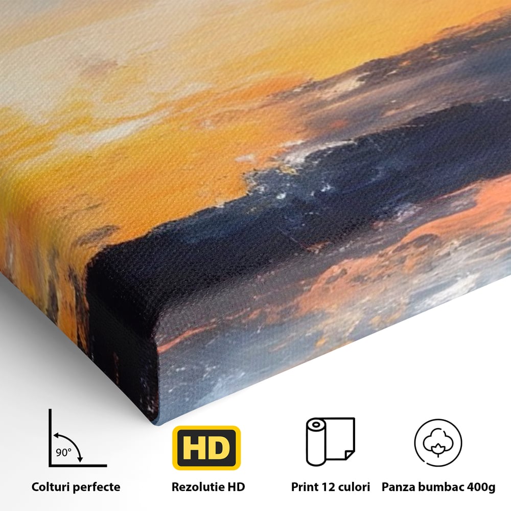 Detaliu al suprafetei: tablou canvas cu apus abstract, fara rama, pe sasiu de lemn
