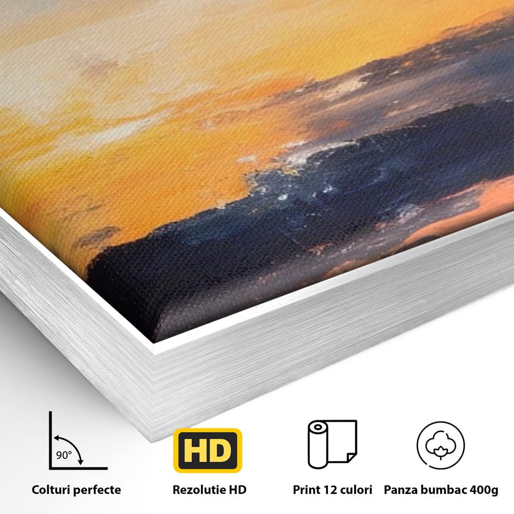 Detaliu al suprafetei: tablou canvas cu apus abstract, in rama de aluminiu argintiu