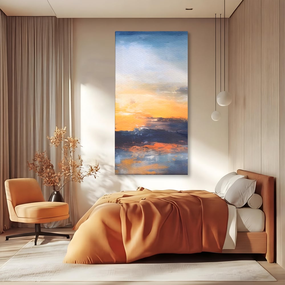 Tablou canvas cu tablou canvas cu apus abstract, fara rama, pe sasiu de lemn, pe perete intr-un dormitor