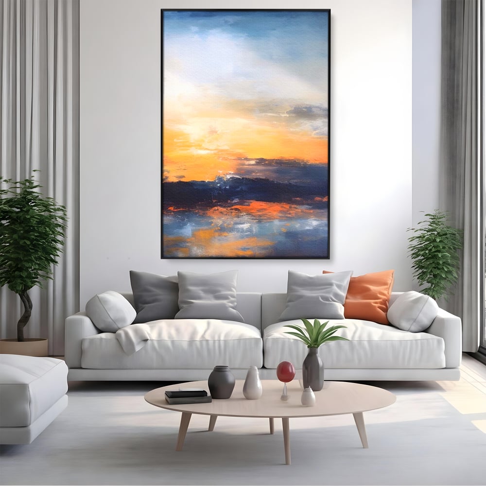 Tablou canvas cu tablou canvas cu apus abstract, in rama de aluminiu negru, pe perete intr-un living