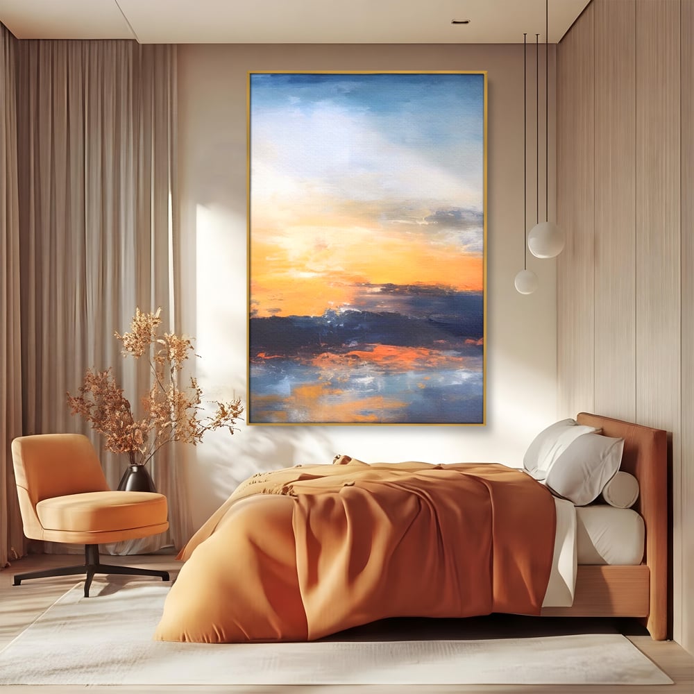 Tablou canvas cu tablou canvas cu apus abstract, in rama de aluminiu auriu, pe perete intr-un dormitor
