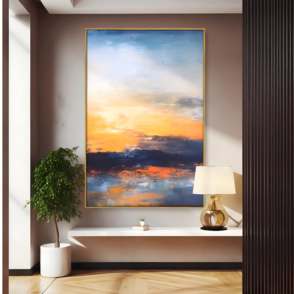 Tablou canvas cu tablou canvas cu apus abstract, in rama de aluminiu auriu