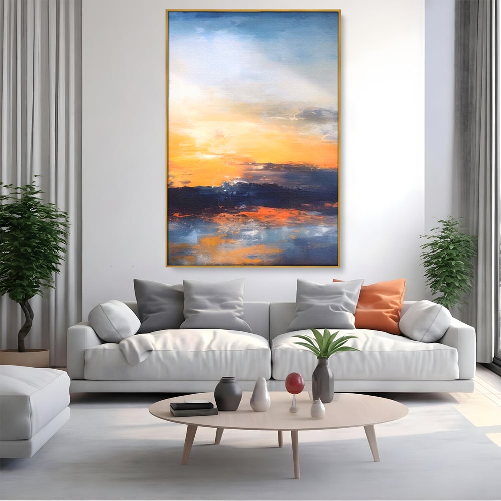 Tablou canvas cu tablou canvas cu apus abstract, in rama de aluminiu auriu, pe perete intr-un living