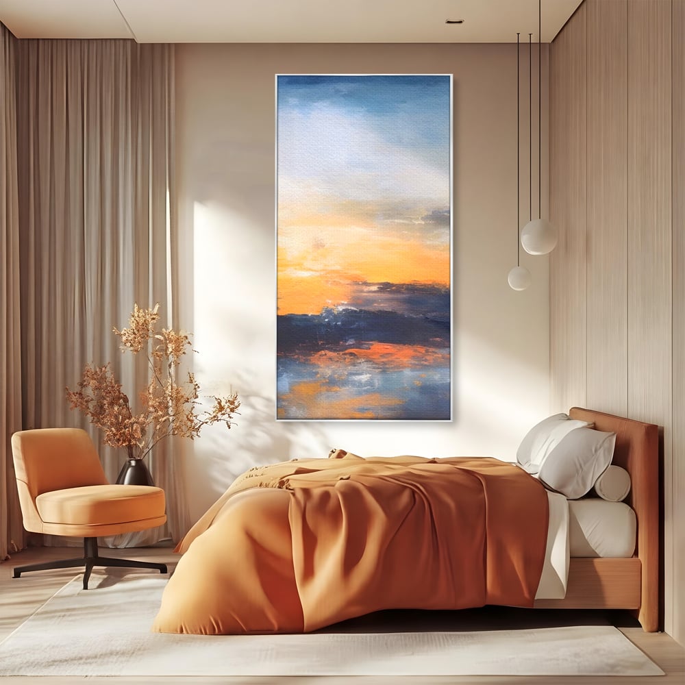 Tablou canvas cu tablou canvas cu apus abstract, in rama de aluminiu argintiu, pe perete intr-un dormitor