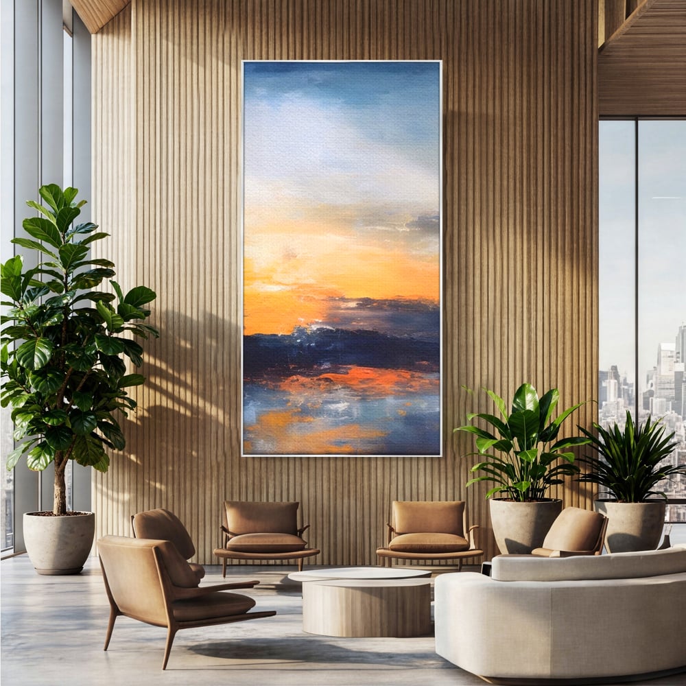 Tablou canvas cu tablou canvas cu apus abstract, in rama de aluminiu argintiu, pe perete intr-un birou
