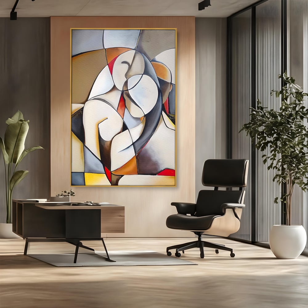 Tablou canvas cu tablou pictura cuplu imbratisat, in rama de aluminiu auriu, pe perete intr-un birou