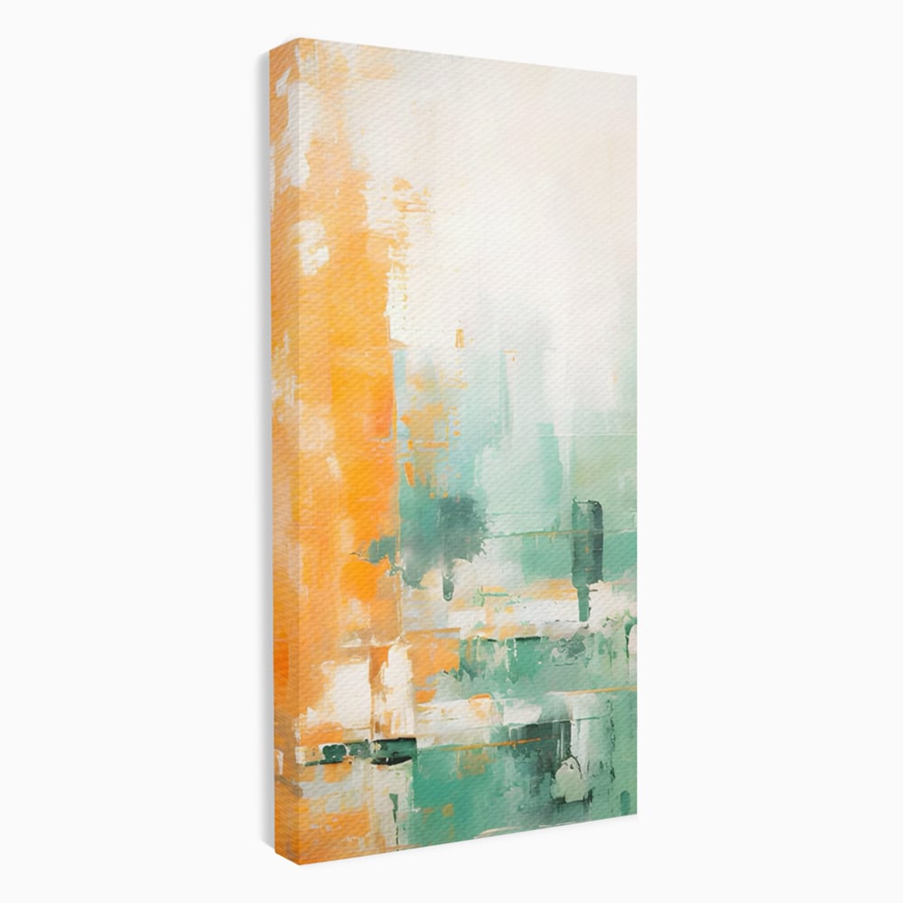 Tablou canvas cu pictura abstracta cu portocaliu si turcoaz, fara rama, pe sasiu de lemn