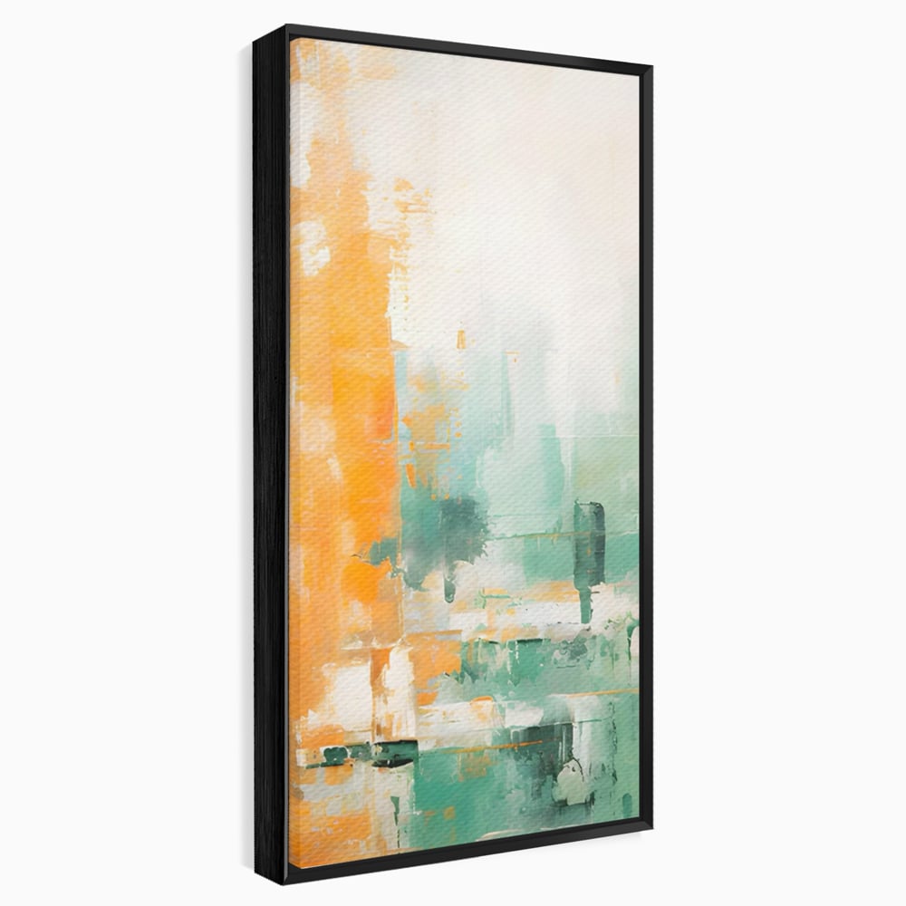 Tablou canvas cu pictura abstracta cu portocaliu si turcoaz, in rama de aluminiu negru