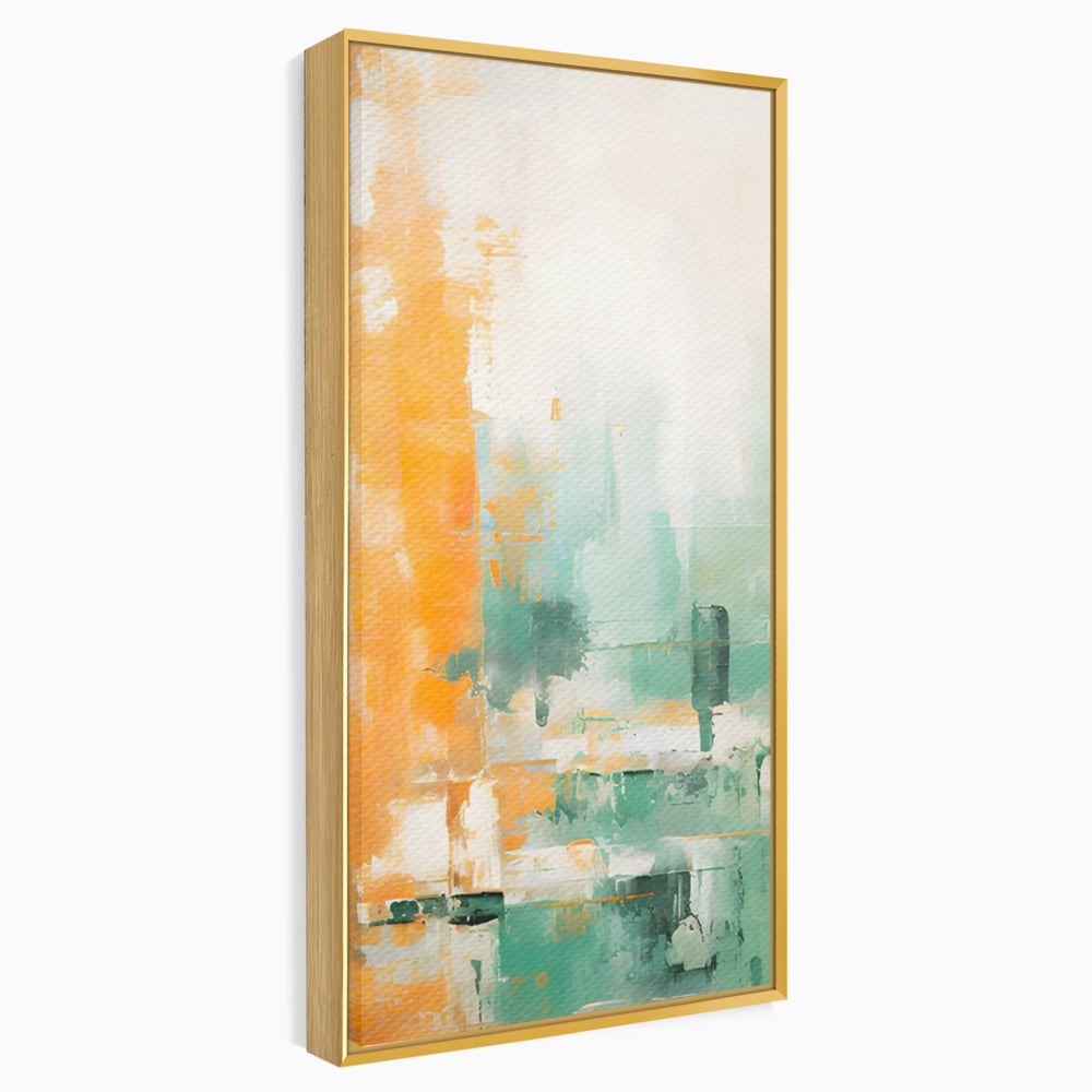 Tablou canvas cu pictura abstracta cu portocaliu si turcoaz, in rama de aluminiu auriu