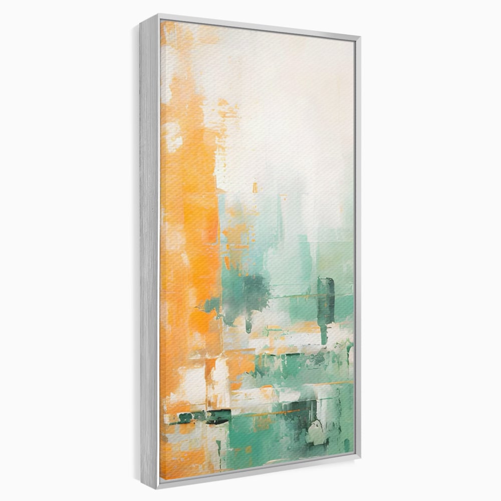 Tablou canvas cu pictura abstracta cu portocaliu si turcoaz, in rama de aluminiu argintiu