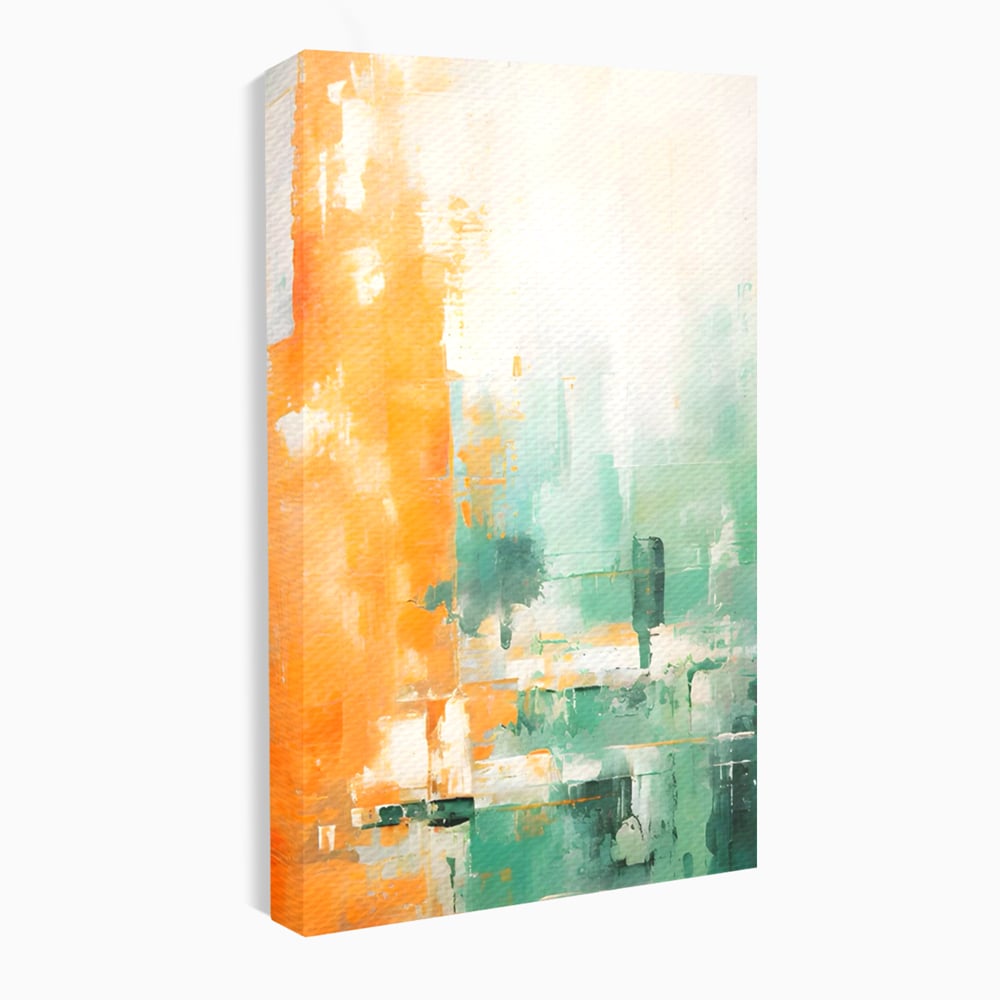 Tablou canvas cu pictura abstracta cu portocaliu si turcoaz, fara rama, pe sasiu de lemn