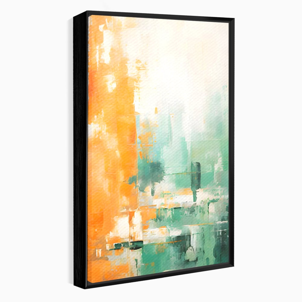 Tablou canvas cu pictura abstracta cu portocaliu si turcoaz, in rama de aluminiu negru