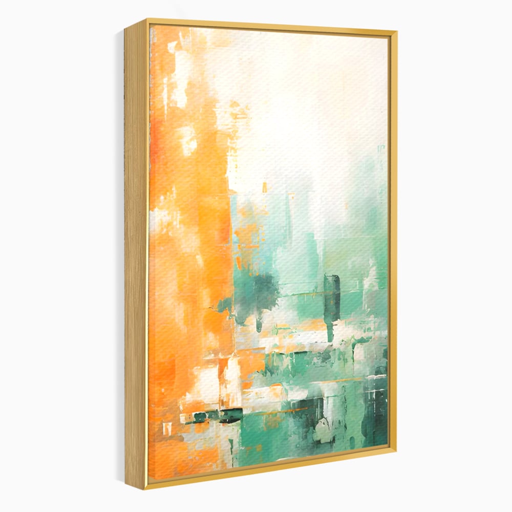 Tablou canvas cu pictura abstracta cu portocaliu si turcoaz, in rama de aluminiu auriu