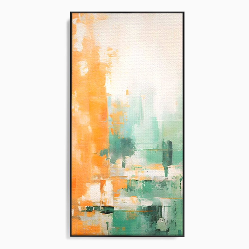 Tablou canvas cu pictura abstracta cu portocaliu si turcoaz, in rama de aluminiu negru