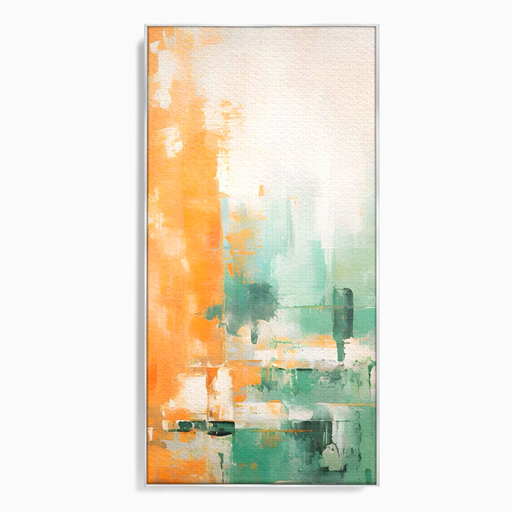 Tablou canvas cu pictura abstracta cu portocaliu si turcoaz, in rama de aluminiu argintiu