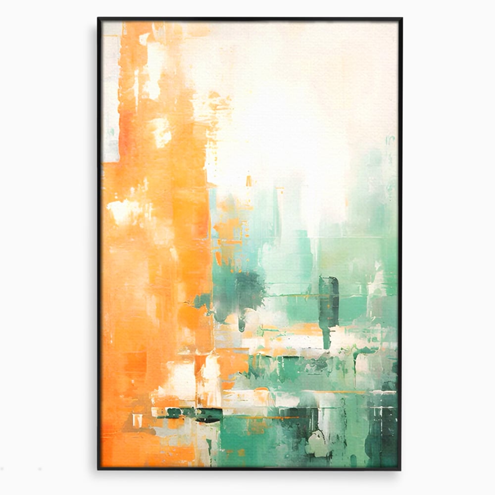 Tablou canvas cu pictura abstracta cu portocaliu si turcoaz, in rama de aluminiu negru