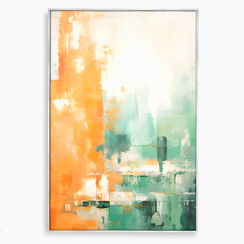 Tablou canvas cu pictura abstracta cu portocaliu si turcoaz, in rama de aluminiu argintiu