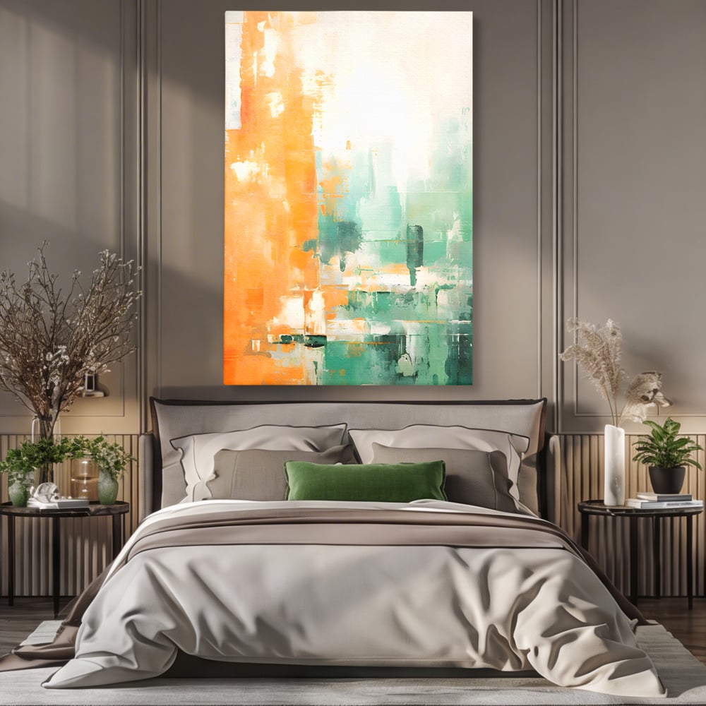 Tablou canvas cu pictura abstracta cu portocaliu si turcoaz, fara rama, pe sasiu de lemn, pe perete intr-un dormitor