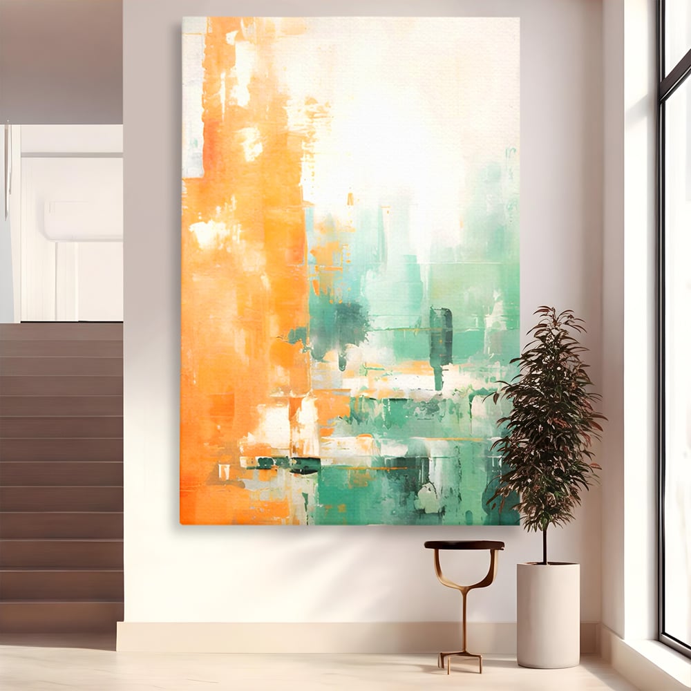 Tablou canvas cu pictura abstracta cu portocaliu si turcoaz, fara rama, pe sasiu de lemn
