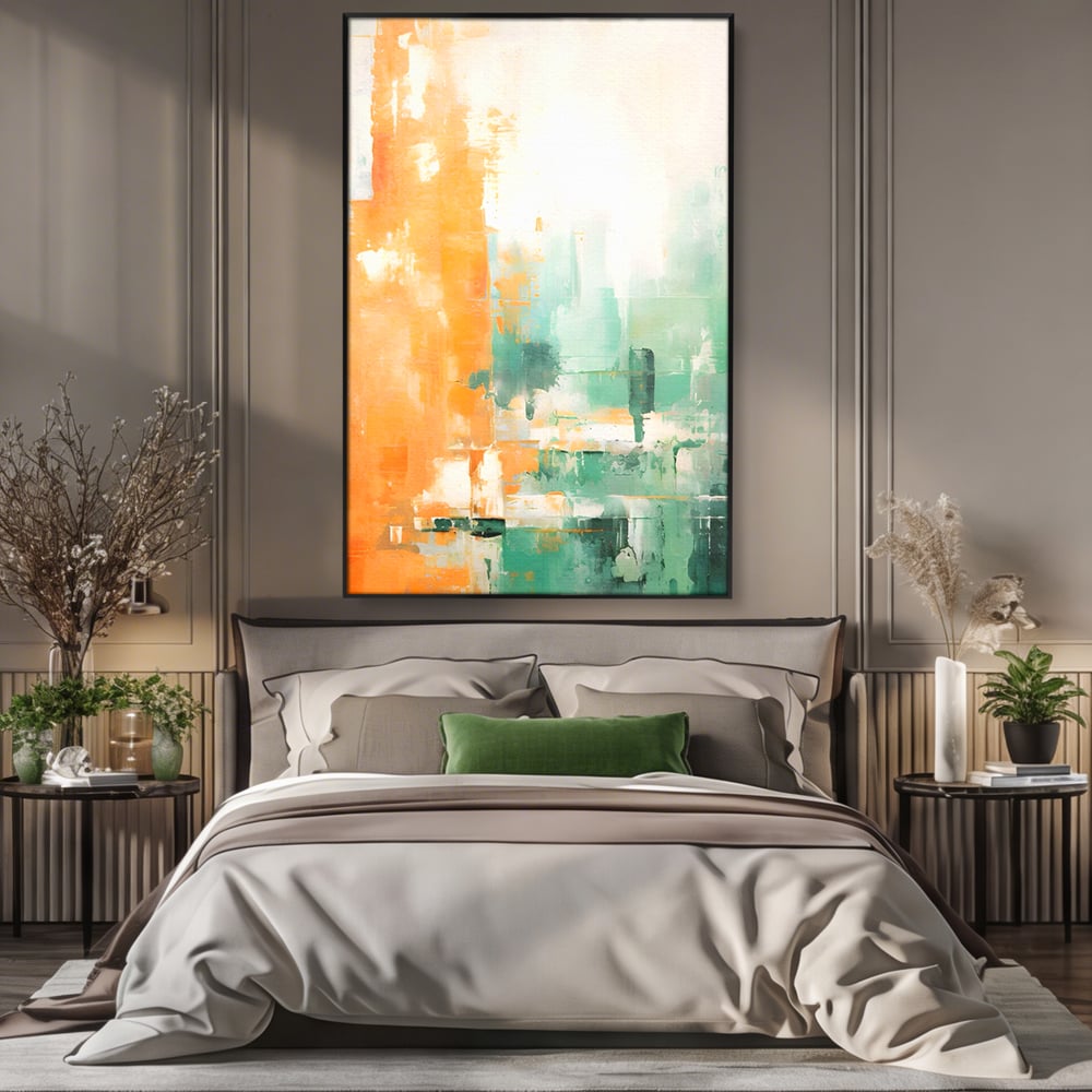 Tablou canvas cu pictura abstracta cu portocaliu si turcoaz, in rama de aluminiu negru, pe perete intr-un dormitor