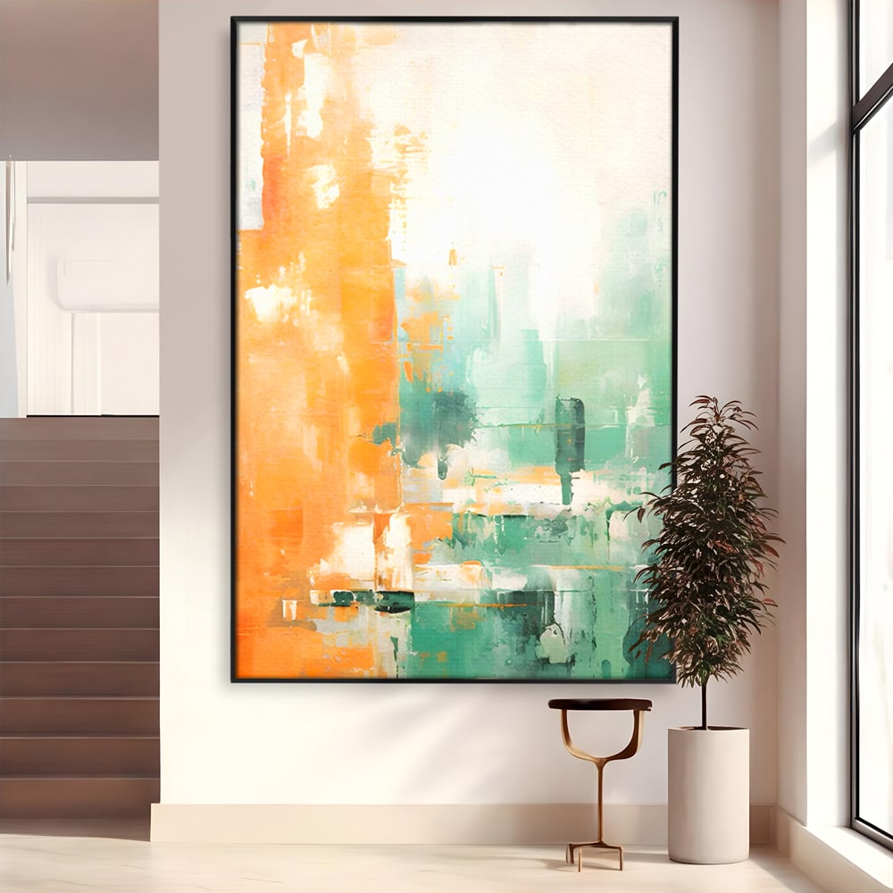 Tablou canvas cu pictura abstracta cu portocaliu si turcoaz, in rama de aluminiu negru