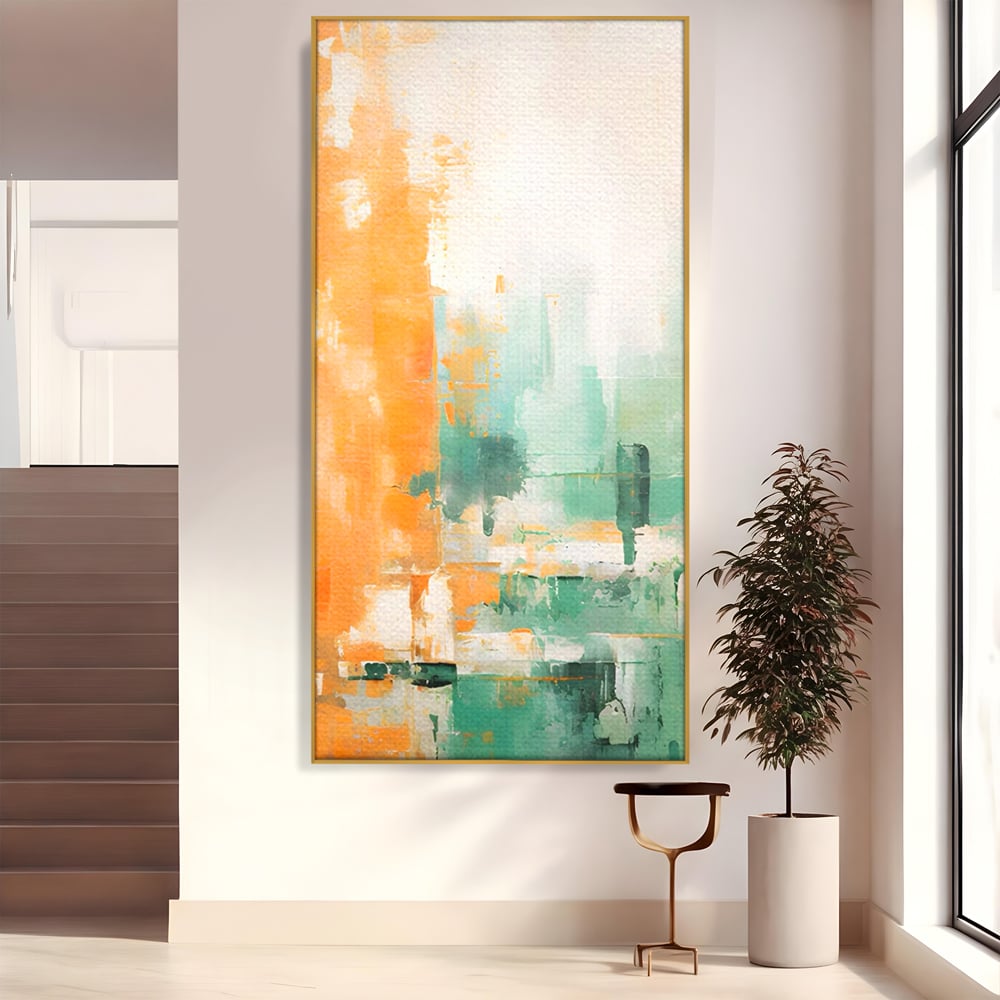 Tablou canvas cu pictura abstracta cu portocaliu si turcoaz, in rama de aluminiu auriu