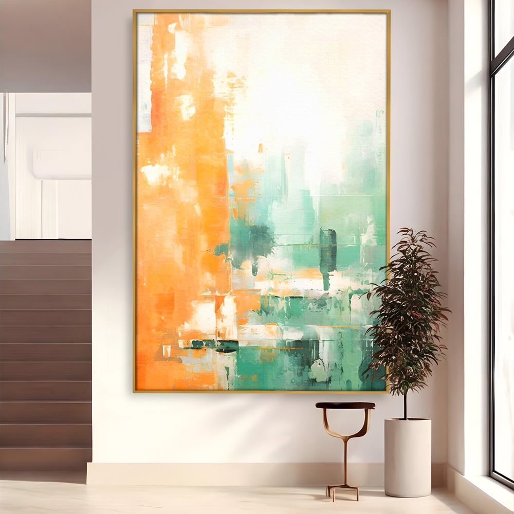 Tablou canvas cu pictura abstracta cu portocaliu si turcoaz, in rama de aluminiu auriu