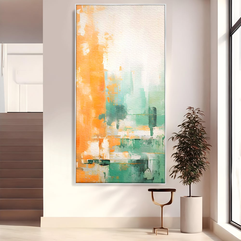 Tablou canvas cu pictura abstracta cu portocaliu si turcoaz, in rama de aluminiu argintiu