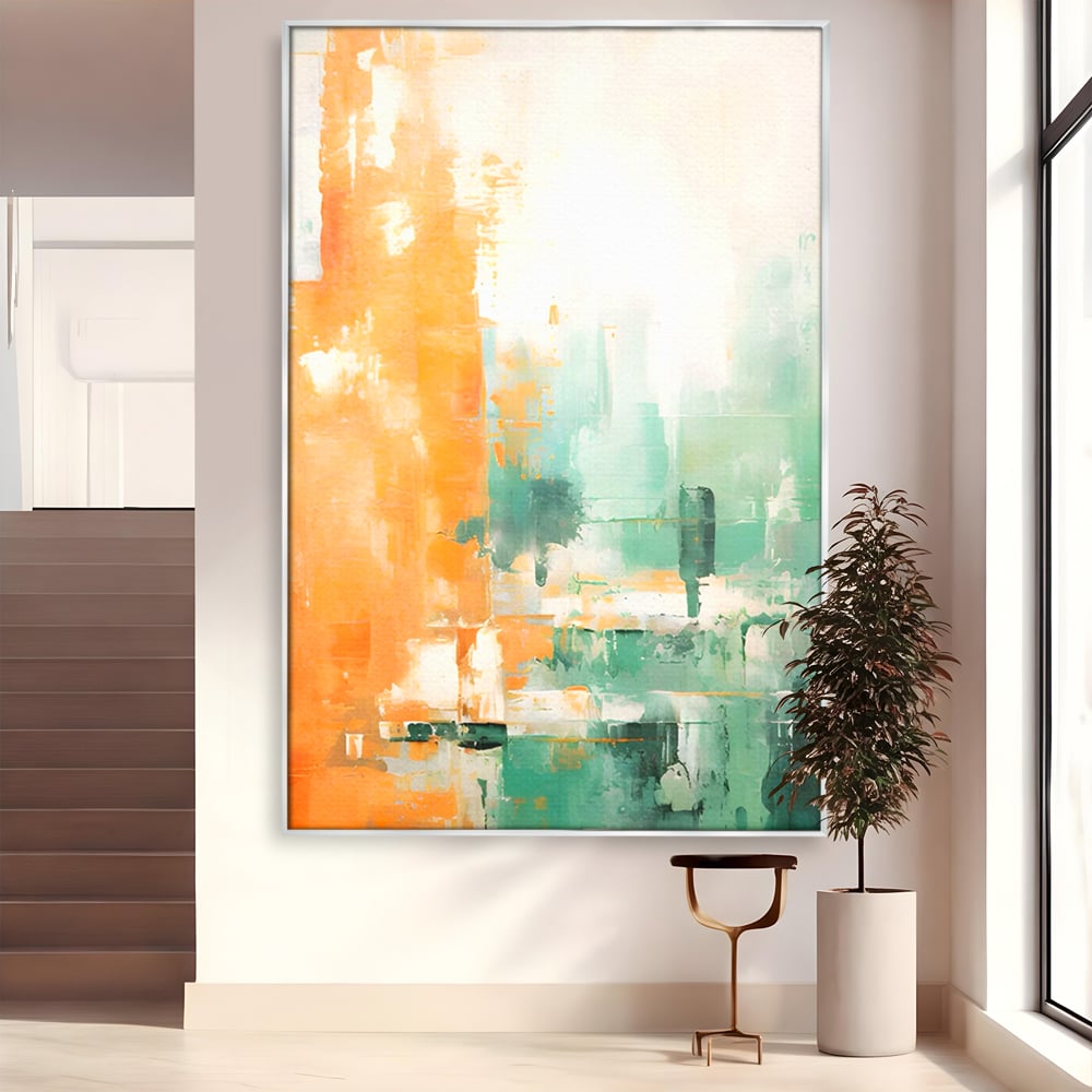 Tablou canvas cu pictura abstracta cu portocaliu si turcoaz, in rama de aluminiu argintiu