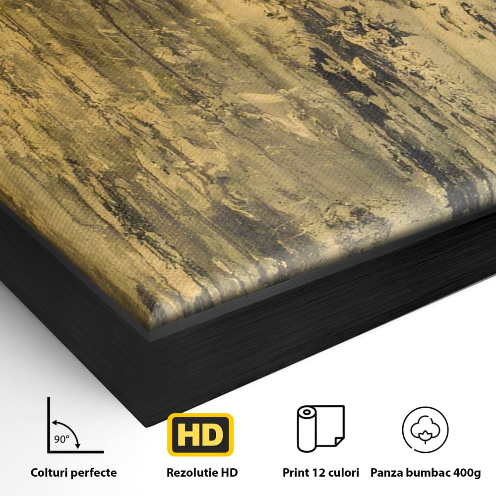 Detaliu al suprafetei: pictura abstracta cu texturi aurii, in rama de aluminiu negru