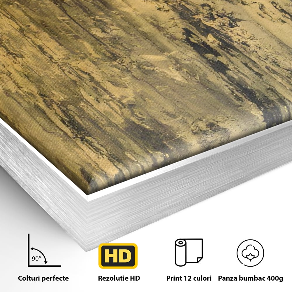 Detaliu al suprafetei: pictura abstracta cu texturi aurii, in rama de aluminiu argintiu