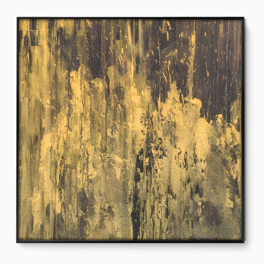 Tablou canvas cu pictura abstracta cu texturi aurii, in rama de aluminiu negru