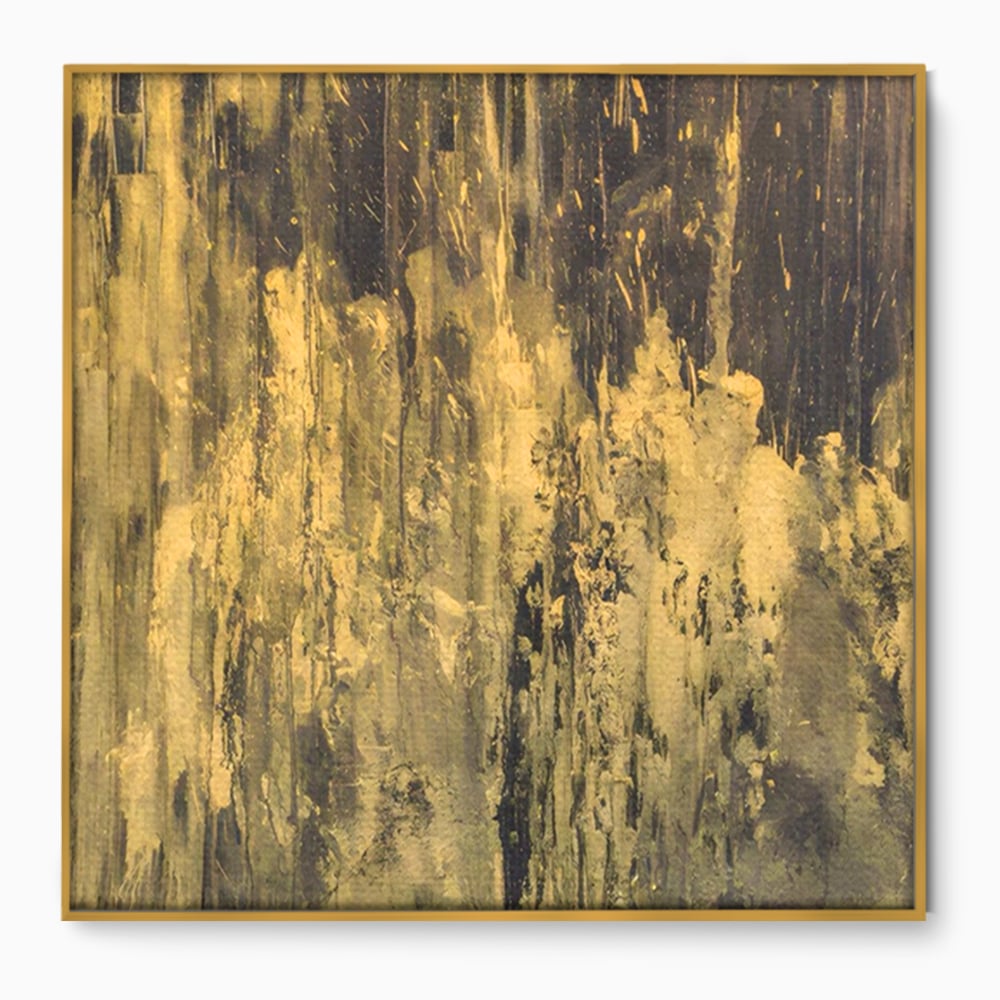 Tablou canvas cu pictura abstracta cu texturi aurii, in rama de aluminiu auriu