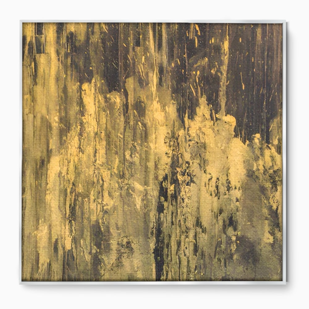 Tablou canvas cu pictura abstracta cu texturi aurii, in rama de aluminiu argintiu