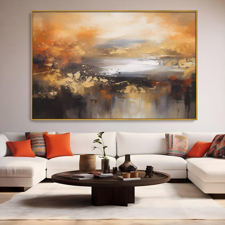 Tablou canvas cu tablou canvas peisaj abstract orizontal, in rama de aluminiu auriu, pe perete intr-un living