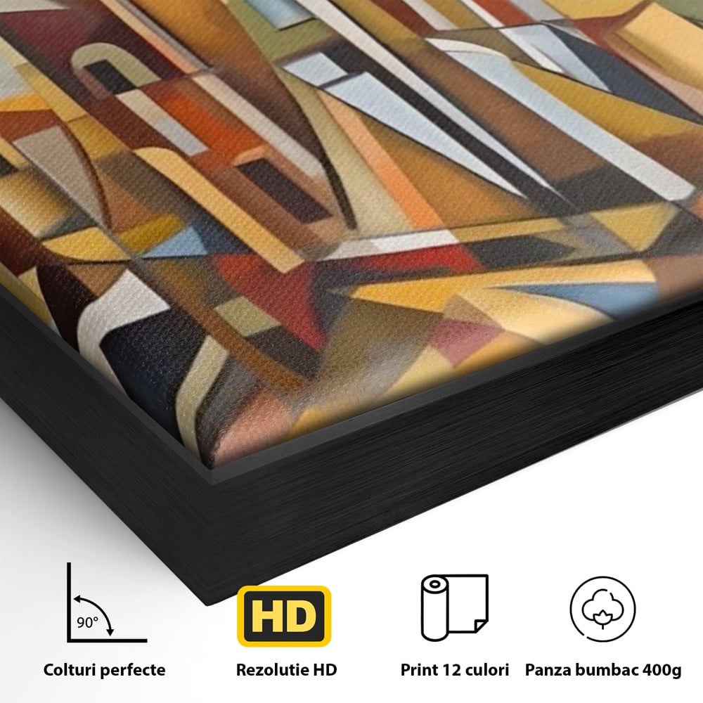 Detaliu al suprafetei: tablou abstract cu peisaj urban, in rama de aluminiu negru
